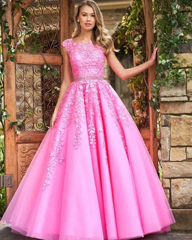 A Line Lace Prom Dresses UK 2025 with Beaded Belt Long Jewel Evening Dress sold by My Chic Dress