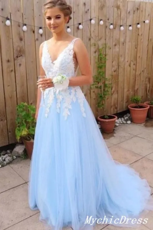 Gorgeous A Line White Lace Light Blue Prom Dress Sleeveless Evening Party Dresses sold by My Chic Dress