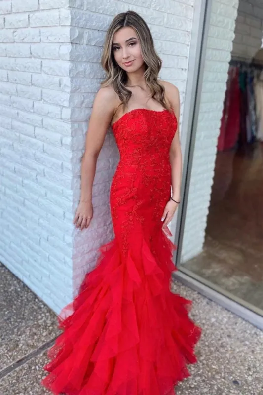 Cheap Long Red Mermaid Prom Dresses Lace 2025 Strapless sold by My Chic Dress