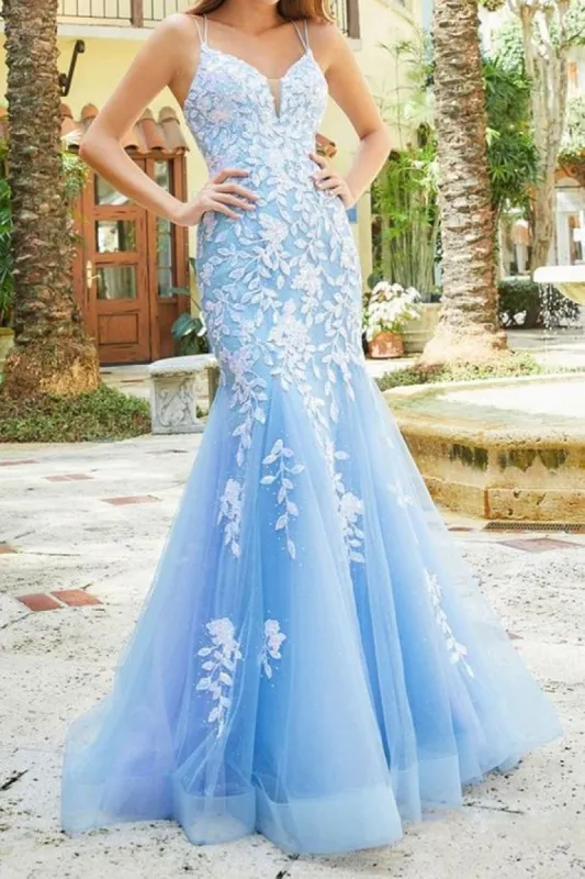 Long Mermaid Blue Evening Gowns Lace Prom Dresses 2025 UK sold by My Chic Dress