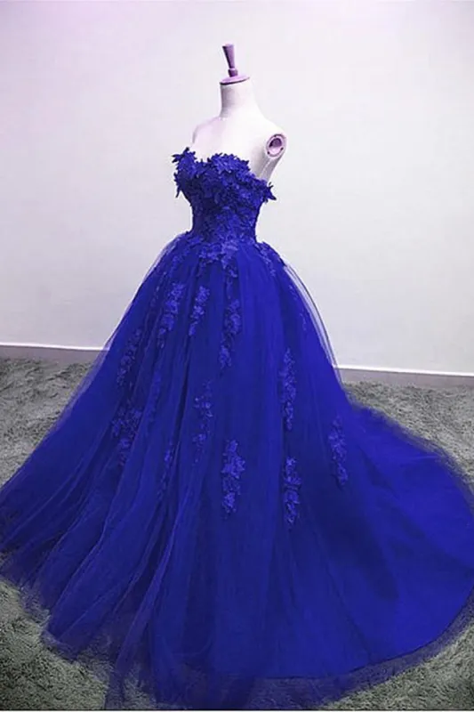 Blue Lace Floral Prom Dresses Tulle Applique Sweetheart Ball Gown Formal Dresses sold by My Chic Dress