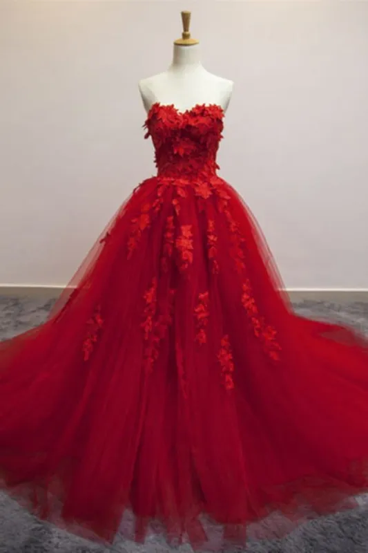 Red Sweetheart Prom Dresses Tulle Applique Ball Gown Quinceanera Dresses sold by My Chic Dress