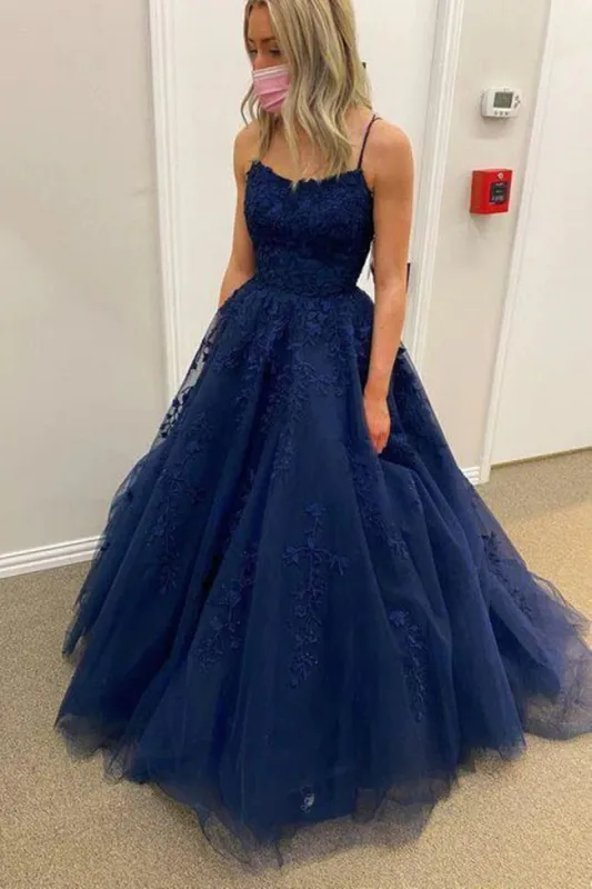 Navy Blue Prom Dresses Lace A Line Spaghetti Straps Evening Gown sold by My Chic Dress