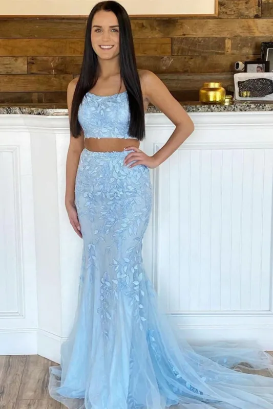 Blue Lace 2 Piece Prom Dresses 2025 Long Mermaid Evening Gowns sold by My Chic Dress
