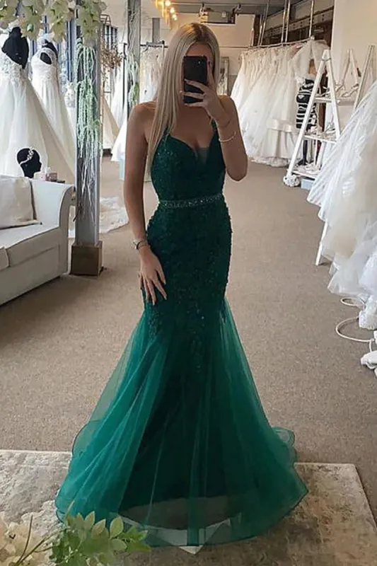 Hot Mermaid Dark Green Lace Prom Dresses UK Long Evening Gown sold by My Chic Dress