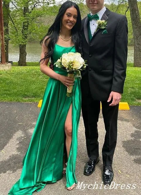 Long Simple Satin Silk Prom Dresses Green Evening Dress with Split sold by My Chic Dress