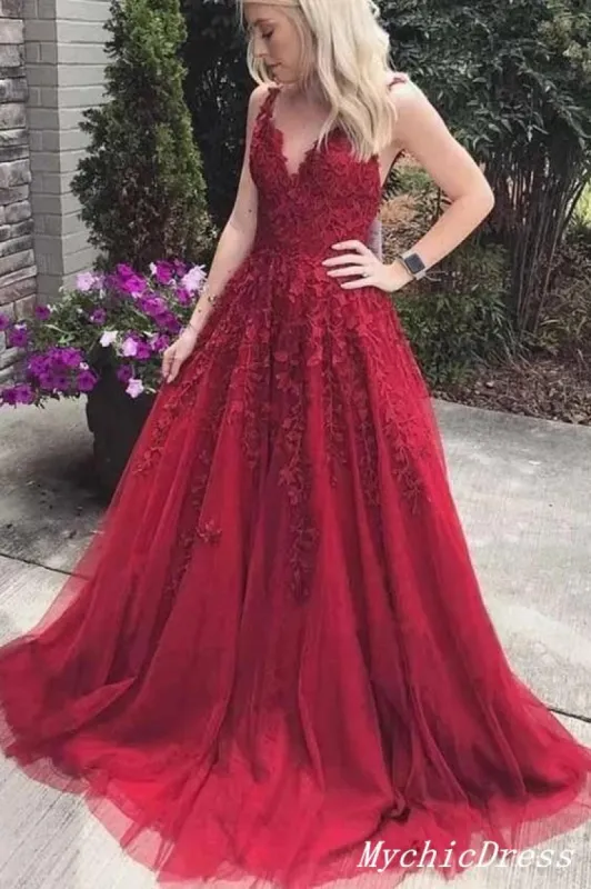 A Line Lace Burgundy Prom Dresses 2025 V Neck Sleeveless sold by My Chic Dress
