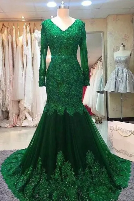 Long Mermaid Sequin Beaded Green Prom Dresses with Sleeves Lace Evening Dress sold by My Chic Dress