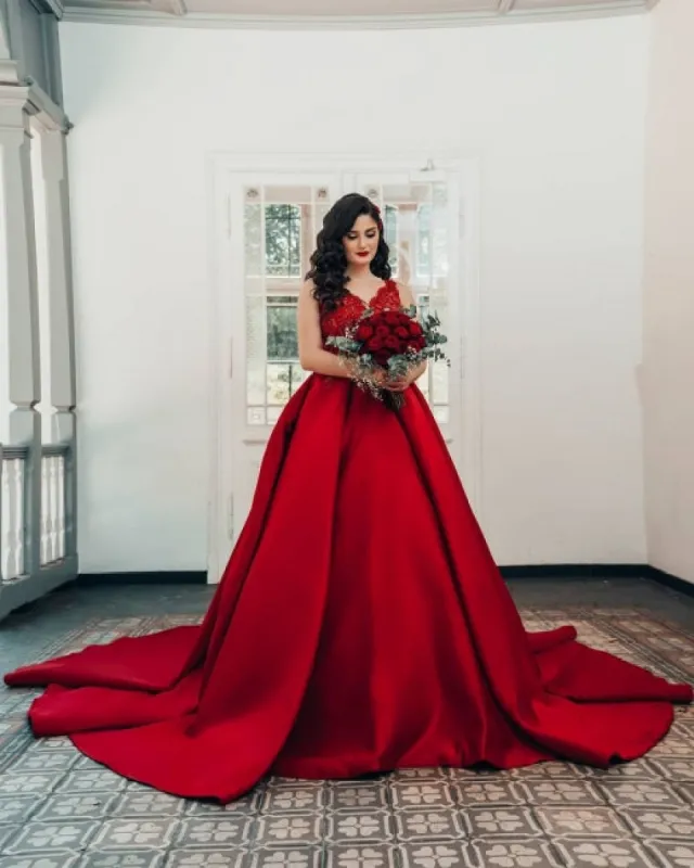 Red Prom Dresses Ball Gown Lace V Neck Sleeveless Wedding Dresses wiht Train sold by My Chic Dress