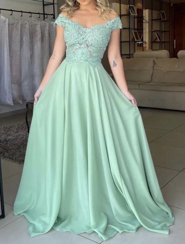 Off the Shoulder Lace Sage Green Prom Dresses Long Chiffon Formal Dress sold by My Chic Dress
