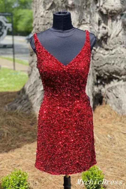 Mermaid V Neck Short Prom Dresses Sequin Mini Hoco Dresses sold by My Chic Dress