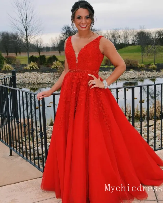 2025 Red Lace Prom Dresses Beading Belt A Line Tulle Evening Dress sold by My Chic Dress