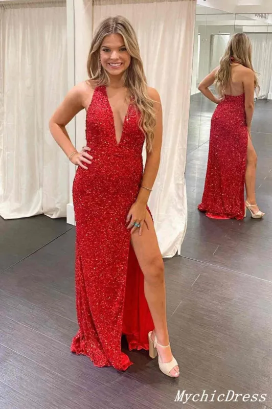 Long V Neck Halter Sequin Prom Dresses 2025 Red Evening Gown with Split sold by My Chic Dress