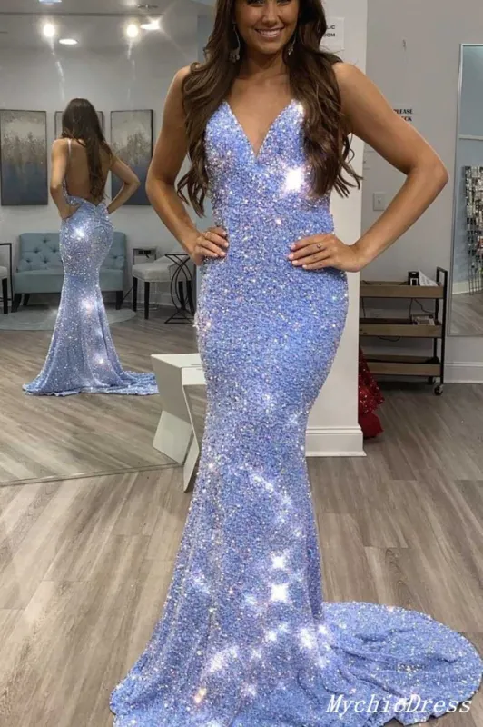 Glitter Mermaid V Neck Long Sequin Prom Dresses Open Back sold by My Chic Dress