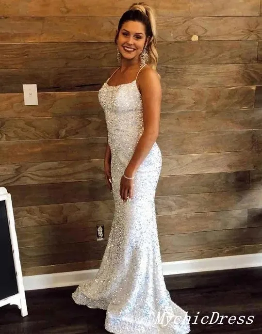 Spaghetti Straps White Iridescent Sequin Prom Dresses Cross Back Mermaid Evening Gown sold by My Chic Dress
