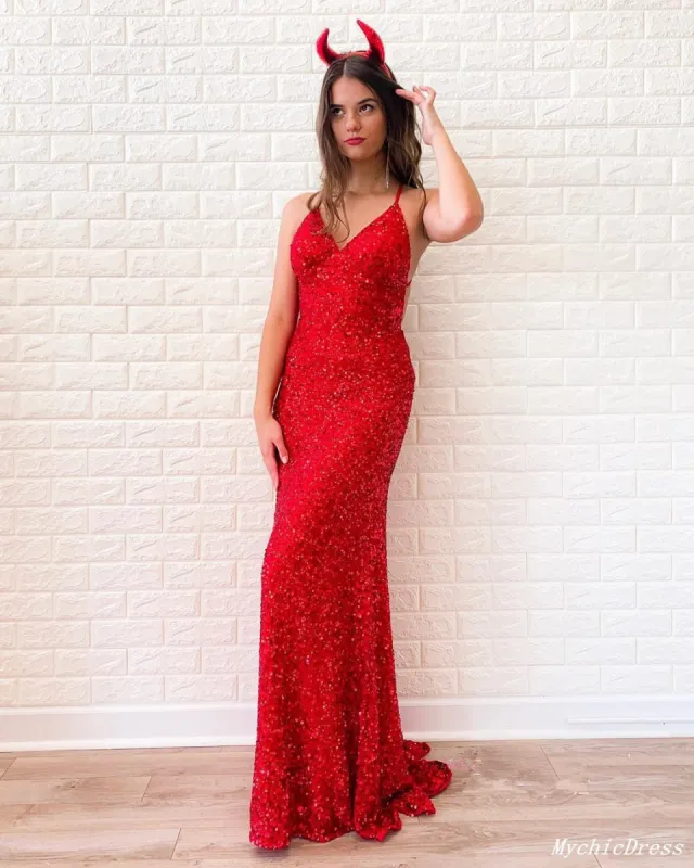 Cheap Red Sequin Prom Dresses 2025 Long Sleeveless Evening Dress sold by My Chic Dress