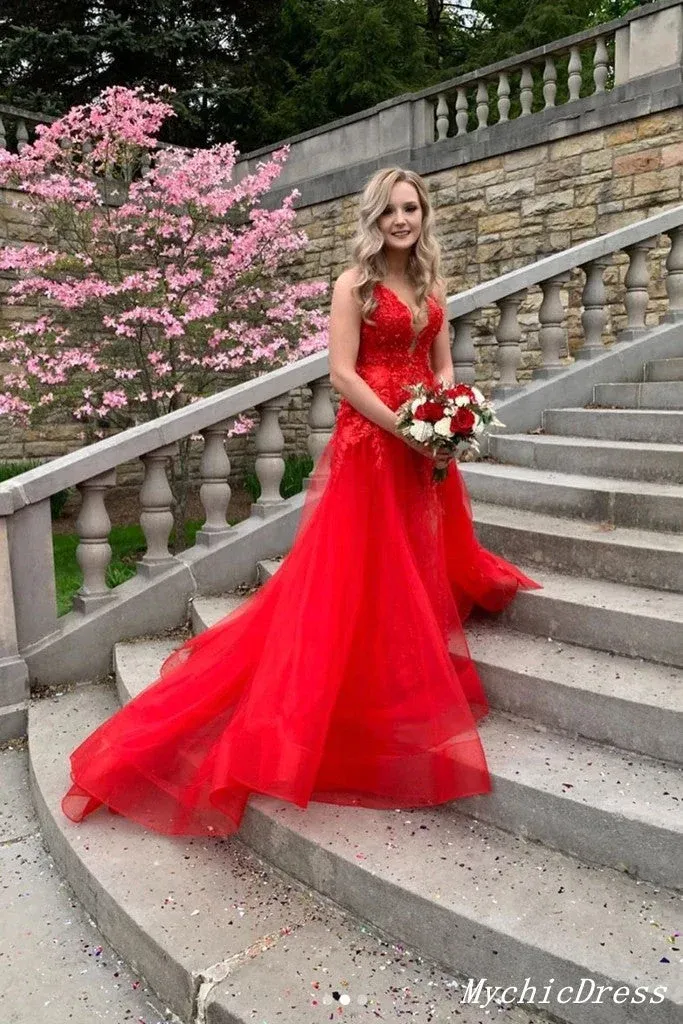 Red Lace Prom Dresses 2025 Cheap V Neck A Line Tulle Evening Gowns sold by My Chic Dress