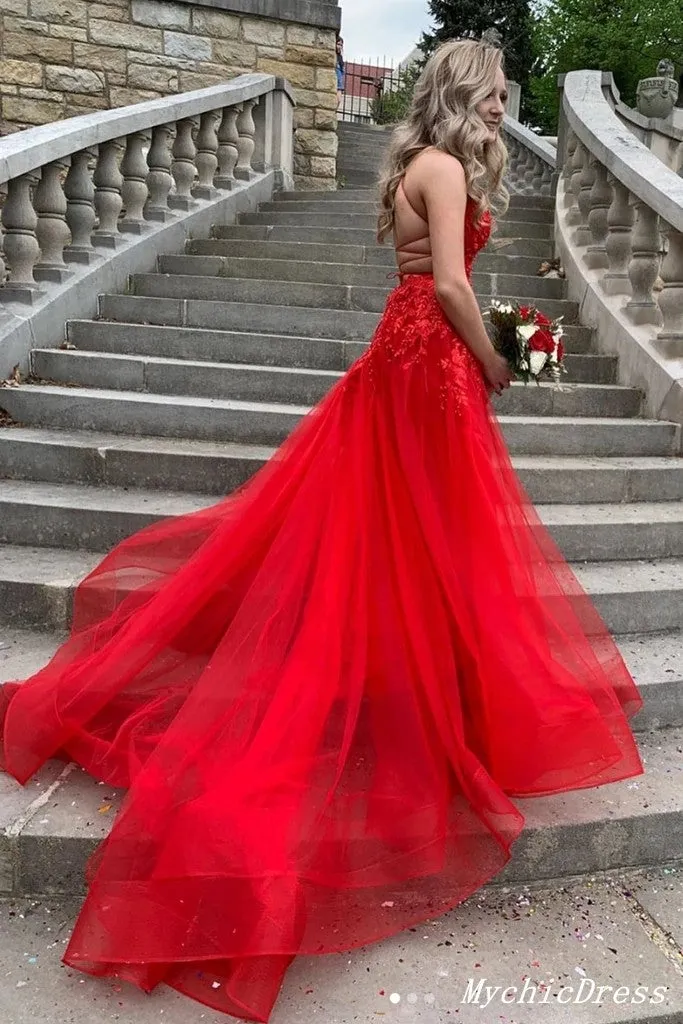 Red Lace Prom Dresses 2025 Cheap V Neck A Line Tulle Evening Gowns sold by My Chic Dress product image thumbnail 2