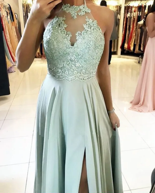 Long Halter Sage Green Prom Dresses Lace Chiffon Formal Dresses sold by My Chic Dress