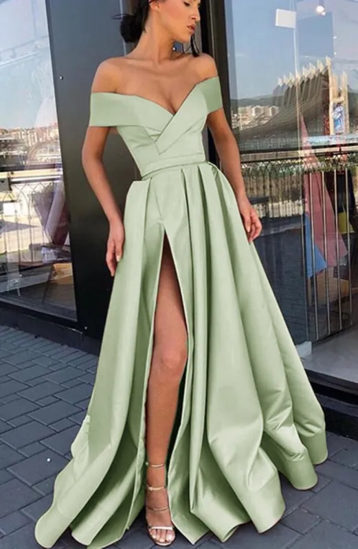 Satin Sage Green Prom Dresses Off Shoulder Sexy V-Neck Long Evening Dress sold by My Chic Dress