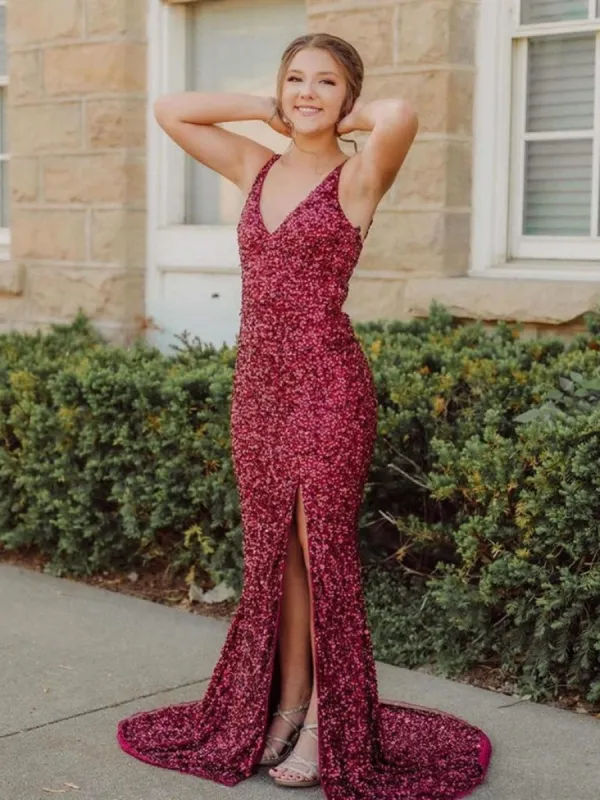 Long Mermaid V Neck Burgundy Sequin Prom Dresses Sleeveless sold by My Chic Dress