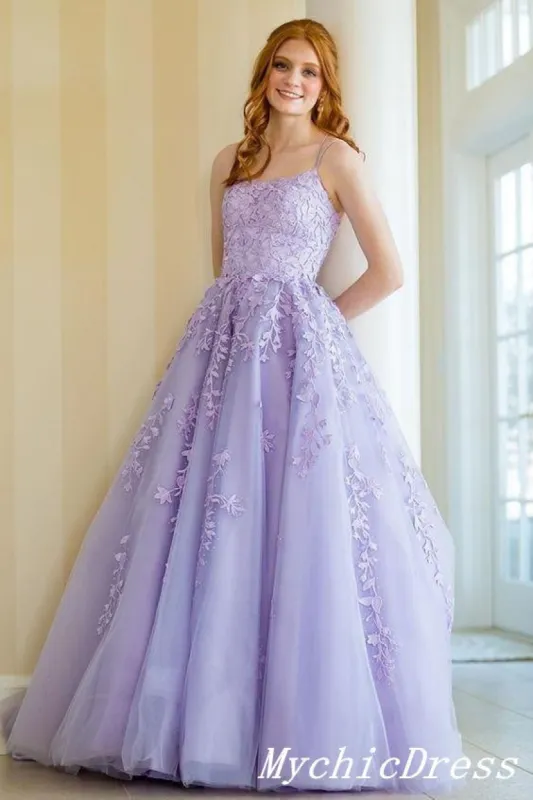 Lace Violet Purple Prom Dresses Spaghetti Straps Long Party Dresses sold by My Chic Dress