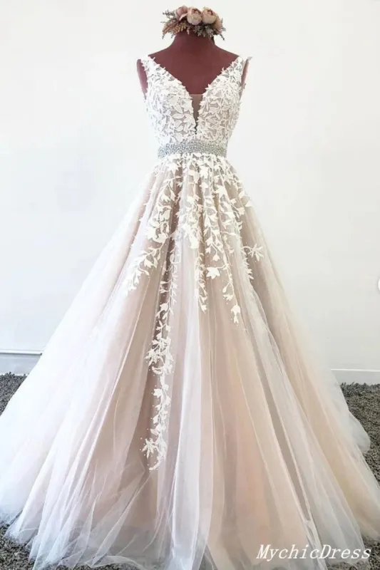 A Line Tulle Lace Prom Dresses Champagne Evening Dress Beading Belt made by My Chic Dress