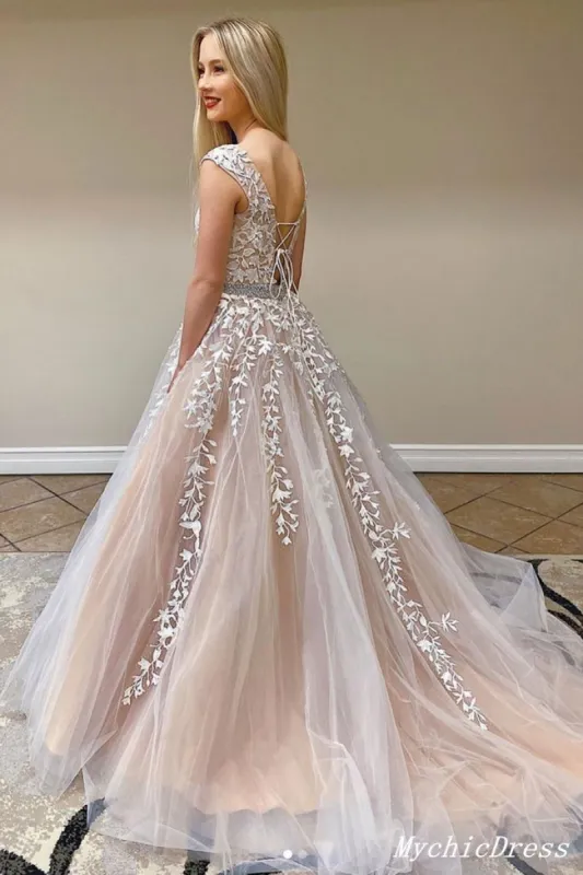 Hot A Line Lace Prom Dresses Long Beaded Appliques Belt Cross Back sold by My Chic Dress