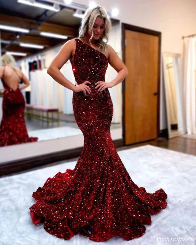 Sparkly Mermaid One Shoulder Sequin Burgundy Prom Dresses 2025 sold by My Chic Dress