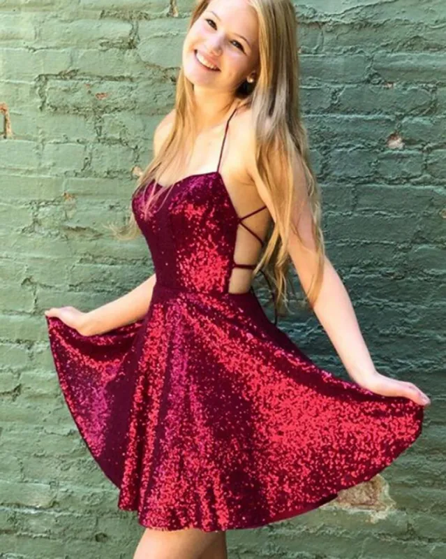 Short Burgundy Sequin Prom Dresses Mini A Line Hoco Dress Spaghetti Straps sold by My Chic Dress