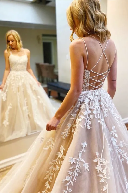 Cheap A Line Champagne Prom Dresses Lace Backless Long Formal Dress sold by My Chic Dress