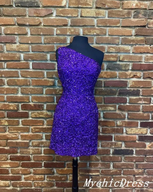 Short Purple Sequin Prom Dresses One Shoulder Hoco Dresses sold by My Chic Dress