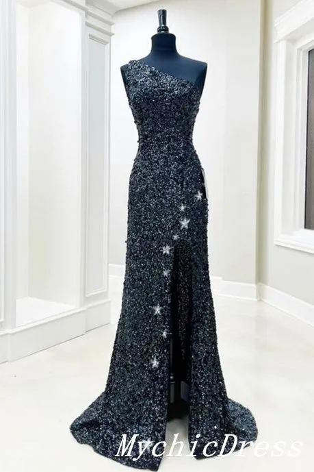 Sparkly Black Sequin Prom Dresses One Shoulder Mermaid Evening Gown Split sold by My Chic Dress product image thumbnail 3