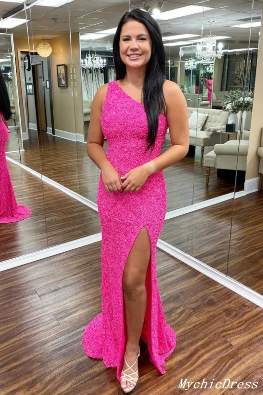 Sequins Prom Dresses 2025 One Shoulder Long Evening Dresses with Split sold by My Chic Dress