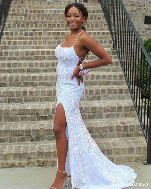 Sparkling Spaghetti Straps Long Sequin White Iridescent Prom Dresses UK sold by My Chic Dress