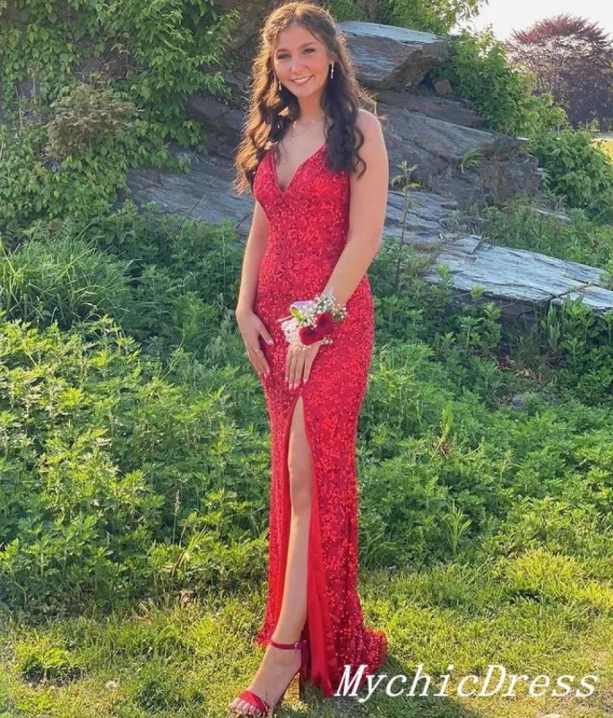 2025 Red Sequin Prom Dresses V Neck Spaghetti Straps Split sold by My Chic Dress