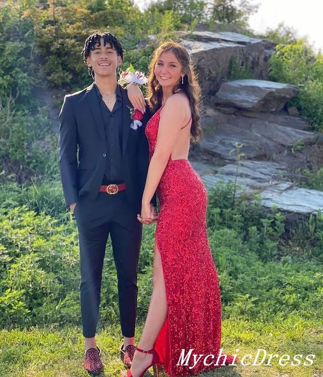 2025 Red Sequin Prom Dresses V Neck Spaghetti Straps Split sold by My Chic Dress product image thumbnail 2
