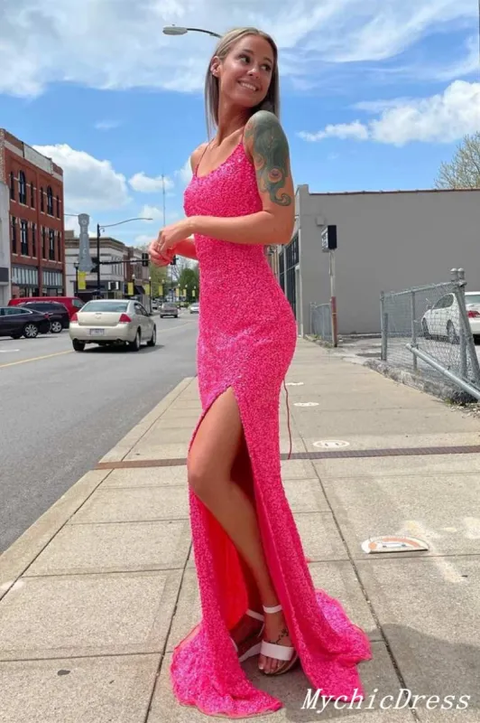 Sparkling Hot Pink Sequin Prom Dresses Spaghetti Straps with Slit sold by My Chic Dress