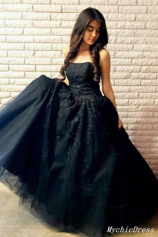 Black Prom Dresses 2025 A Line Strapless Long Lace Evening Dresses sold by My Chic Dress