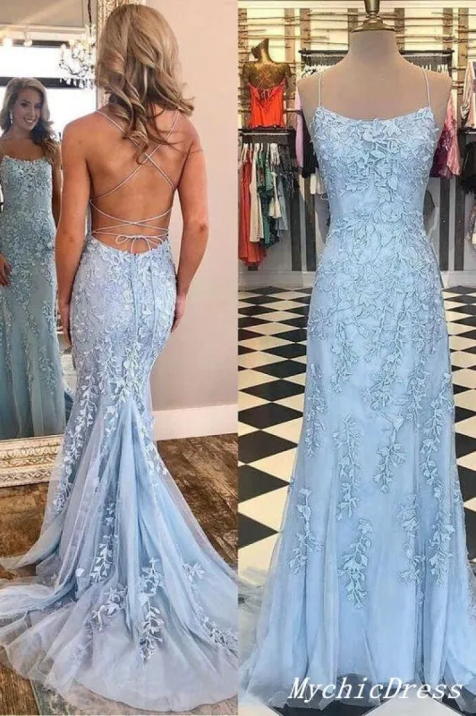 Long Blue Lace Prom Dresses 2025 Mermaid Cross Back Evening Gown sold by My Chic Dress