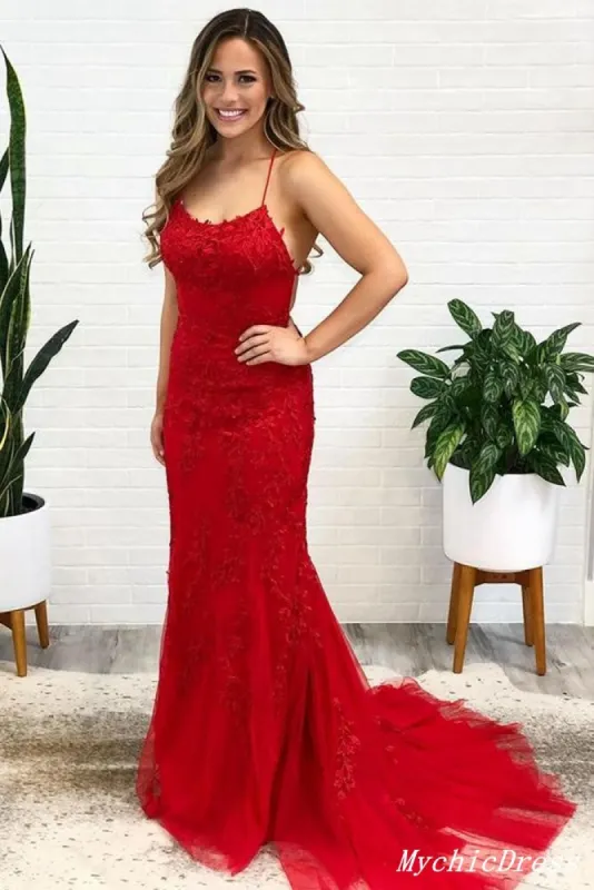 2025 Red Lace Prom Dresses Long Spaghetti Straps Cross Back sold by My Chic Dress