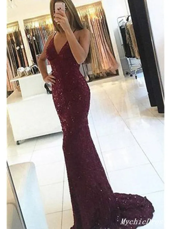 Sequin Burgundy Prom Dresses V Neck Long Mermaid Evening Gowns sold by My Chic Dress