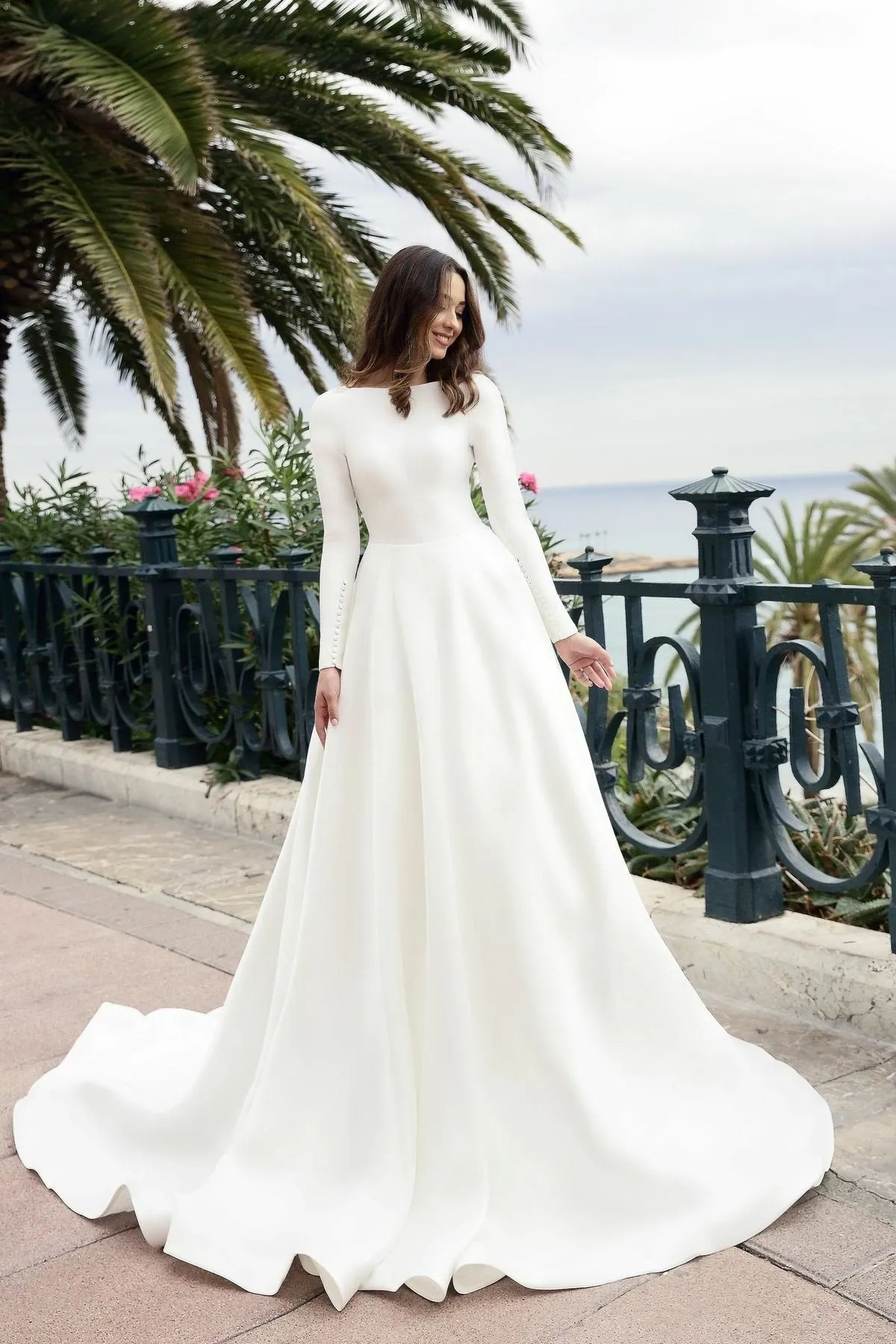 Simple Long Sleeves Ivory Satin Modest Wedding Dresses V Neck Back sold by My Chic Dress