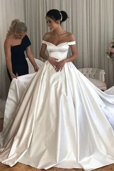 A Line Satin Wedding Dresses Off the Shoulder Bridal Gown with Train sold by My Chic Dress