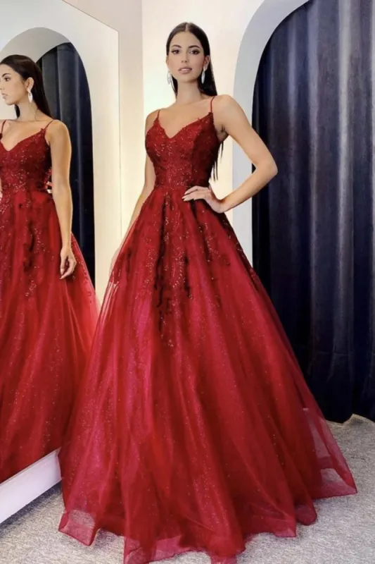 Burgundy Lace Long Prom Dresses A Line Spaghetti Straps Evening Dress sold by My Chic Dress
