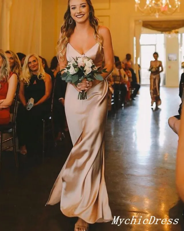 Elegant Champagne Wedding Guest Dresses Sheath Silk Satin Bridesmaid Dresses sold by My Chic Dress
