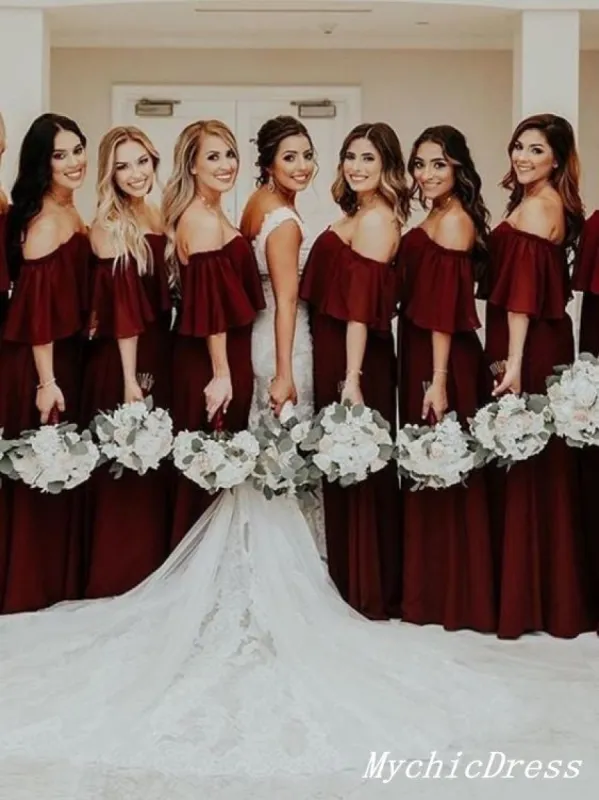Cheap Long Off the Shoulder Burgundy Chiffon Boho Bridesmaid Dresses sold by My Chic Dress