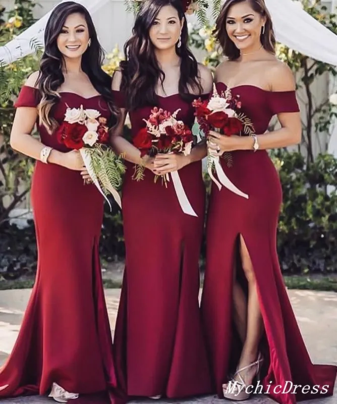 Sexy Burgundy Wedding Guest Dresses Floor Length Bridesmaid Dress with Split sold by My Chic Dress