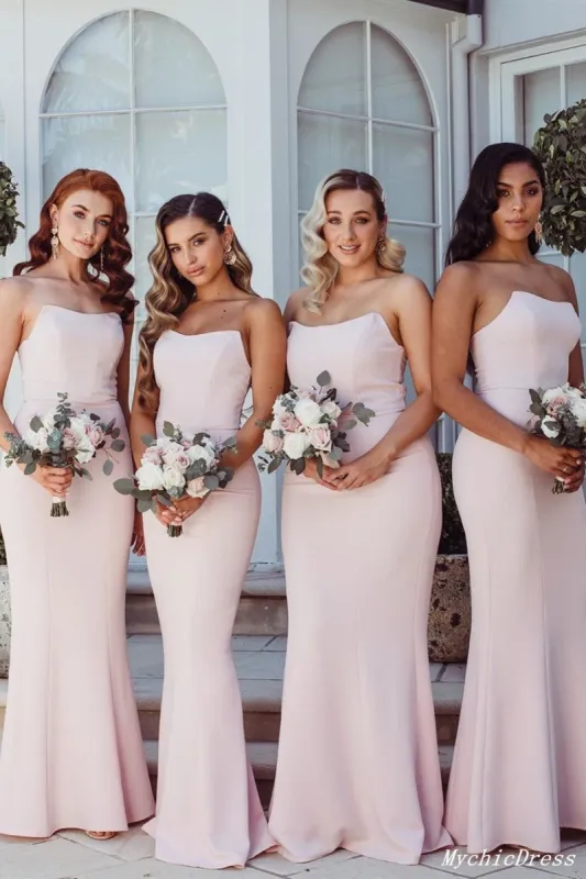 Sexy Strapless Long Pink Bridesmaid Dresses Satin Wedding Guest Dress sold by My Chic Dress