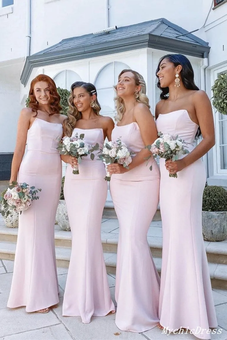 Sexy Strapless Long Pink Bridesmaid Dresses Satin Wedding Guest Dress sold by My Chic Dress product image thumbnail 2